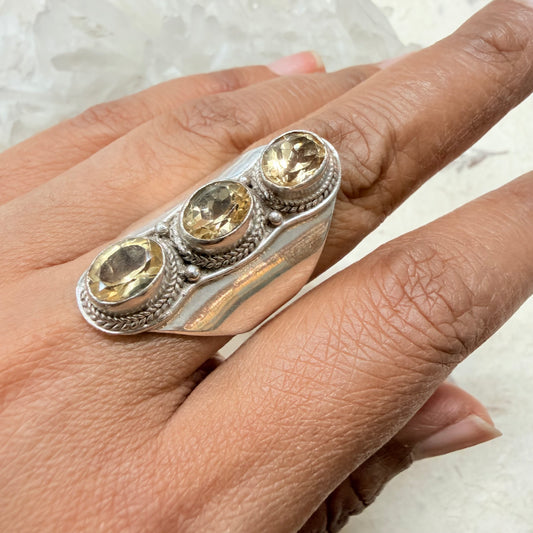 STERLING 3 CITRINE STONE SILVER RING