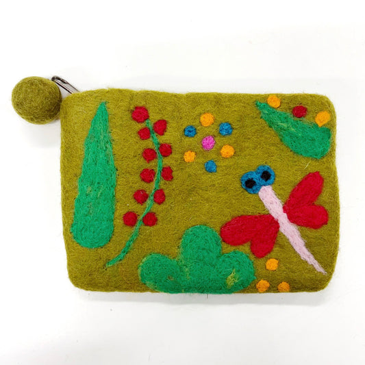 HANDMADE FELT DRAGONFLY PURSE (OLIVE GREEN) 15X11CM