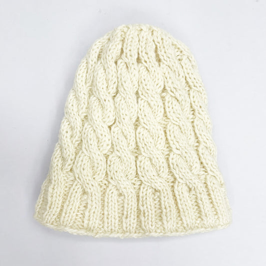 100% WOOL HAND KNITTED BEANY FLEECE LINED CREAM