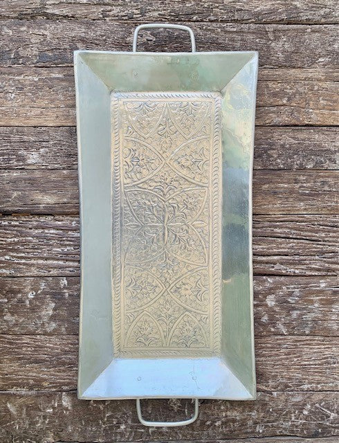 SILVER HAND CARVED LONG TRAY 59X29CM