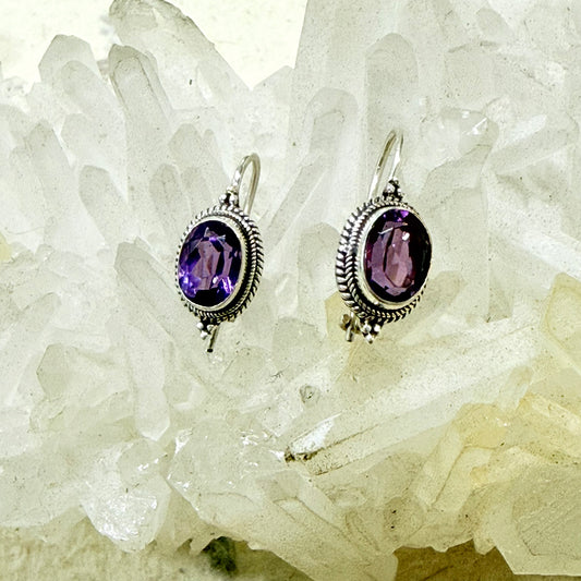 FACETED Amethyst 925 Sterling Silver Earring (Kidney Hook)