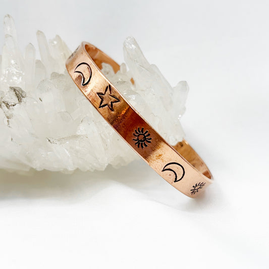 PURE COPPER SUN MOON V2 CARVED CUFF, Handmade in Nepal, these cuffs are crafted from pure copper.