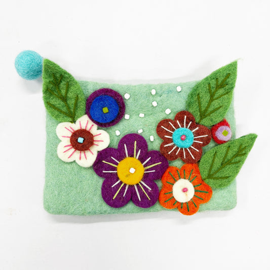 HANDMADE FELT FLORAL PURSE (AQUA) 15X11CM