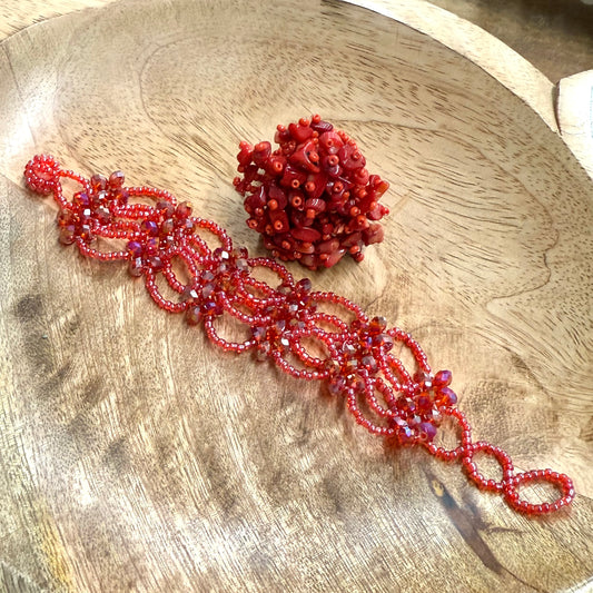CORAL N GLASS BEAD BRACELET N RING SET