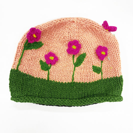PEACH “FLOWER FIELD” WOOL HAND KNITTED BEANY FLEECE LINED