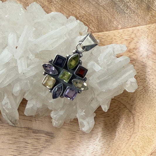 STERLING SILVER MULTI STONE PENDANT -GARNET, PERIDOT, AMETHYST, CITRINE, IOLITE