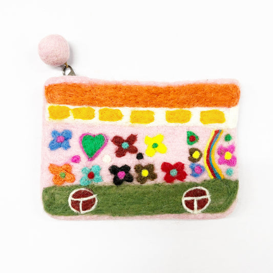 HANDMADE FELT 'BOHO BUS' PURSE (ROSE) 18X14CM
