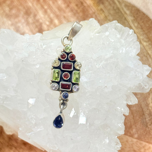 STERLING SILVER MULTI STONE PENDANT -GARNET, PERIDOT, AMETHYST, CITRINE, IOLITE