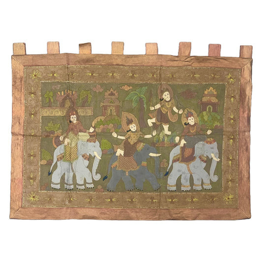 VINTAGE BURMESE HAND PAINTED WALL HANGING 137X102CM