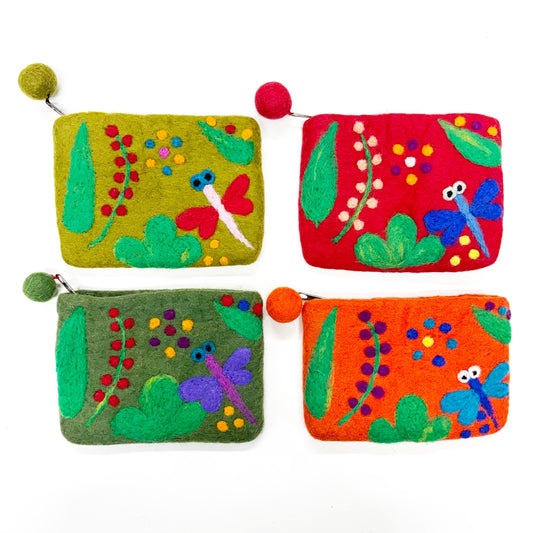 HANDMADE FELT DRAGONFLY PURSE ASSORTED 15X11CM