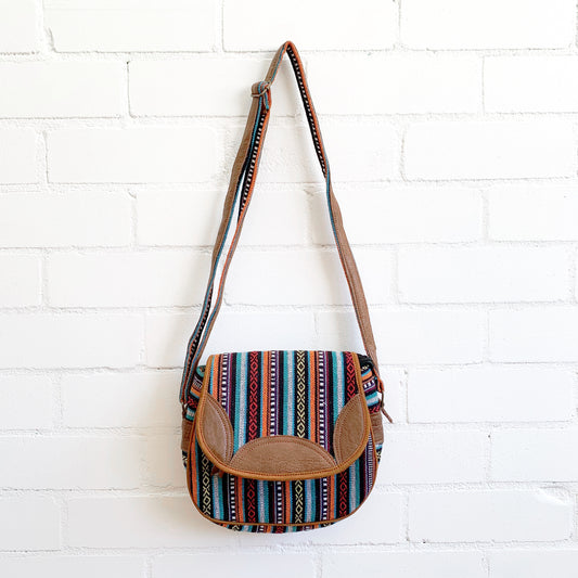 Cross Shoulder Handmade Leather & Cotton Bag 26x24cm