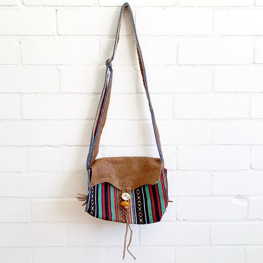 Cross Shoulder Handmade Leather & Cotton Bag 25x21cm