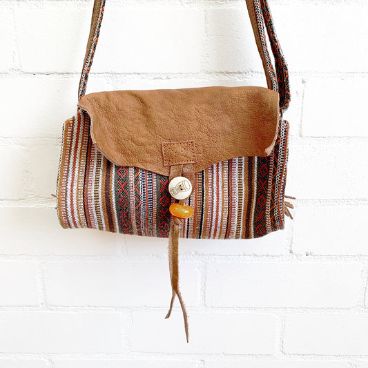 Shoulder Handmade Leather & Cotton Bag 25x21cm