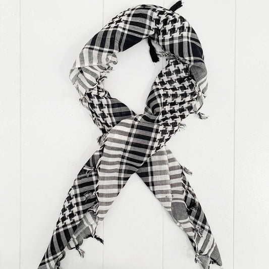 BLK & WHT CHECKERED COTTON SCARF 96x96CM