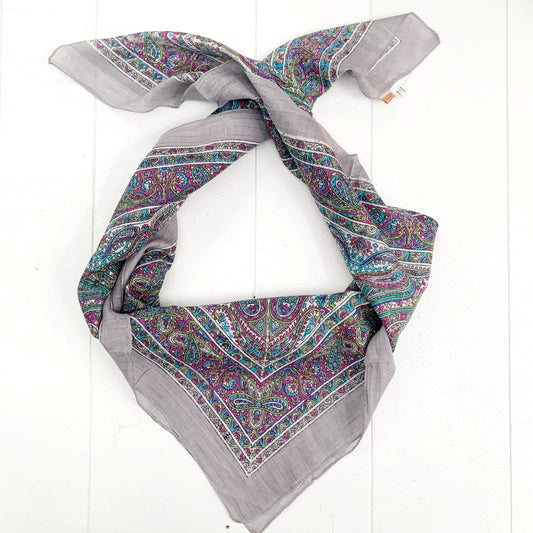 SILVER & PURPLE PAISLEY FINE HAND LOOM SILK SCARF 100CM