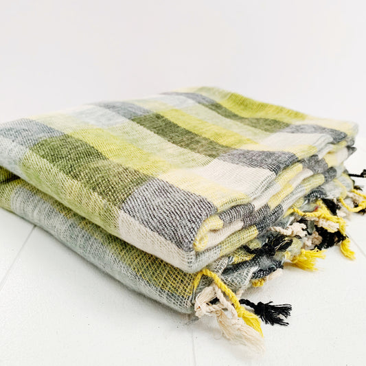 WOOL 'LIME CHECK' BLEND HANDLOOM BLANKET 110X260CM
