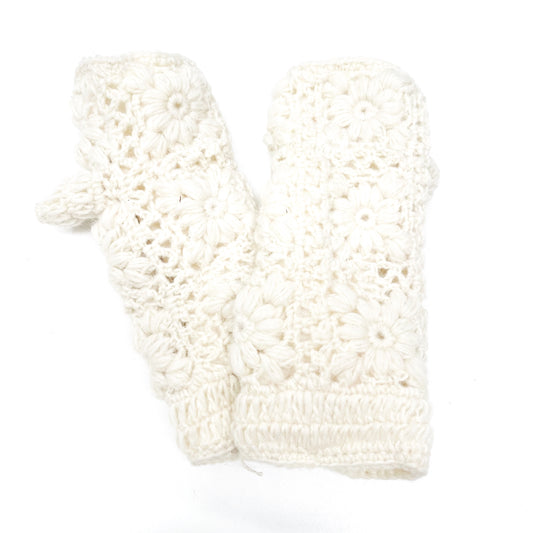 WHITE 100% WOOL FLORAL KNITTED GLOVES