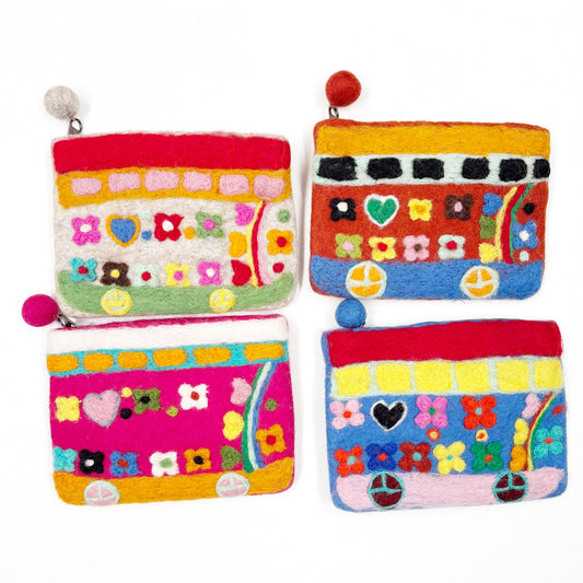 HANDMADE FELT 'BOHO BUS' PURSE ASSRTD 18X14CM