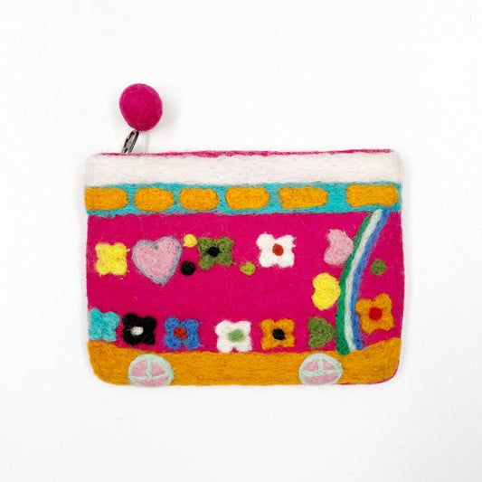 HANDMADE FELT 'BOHO BUS' PURSE (FUSCHIA) 18X14CM