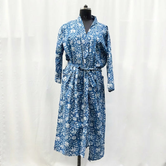 100% Cotton Robe 'Blue Floral Robe' with pockets