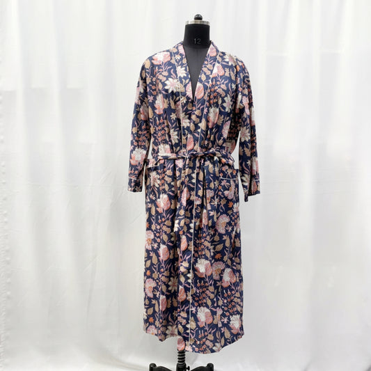 100% Cotton Robe 'Navy Floral Robe' with pockets