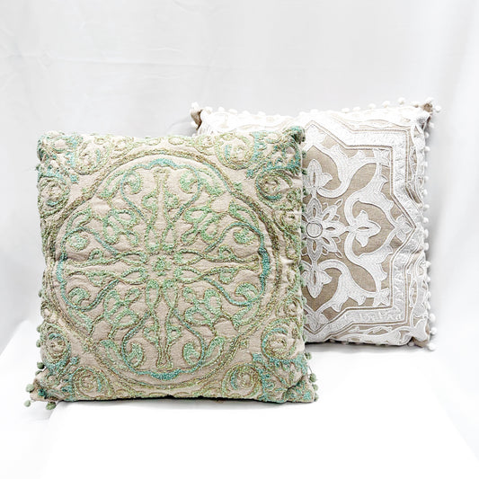 “SUZANI STITCH” EMBROIDERED CUSHION W/INSERT 45CM IN “PORCELAIN” & “SAGE”