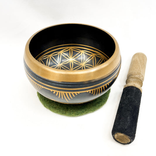 Flower of Life Singing Bowl Set with Velvet Mallet & Felt Cushion