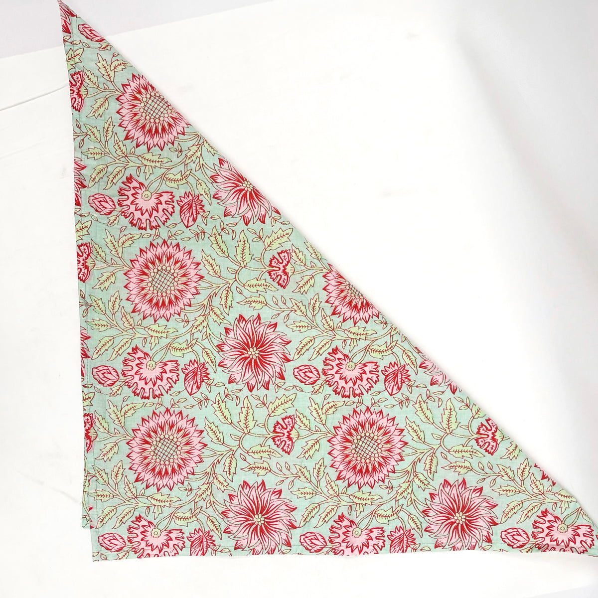 Hand Block Printed Cotton Dog Bandana — Floral Mint & Pink