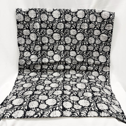 ‘NOIR FLORAL’ KANTHA STITCHED COTTON THROW 150x220CM - REVERSIBLE