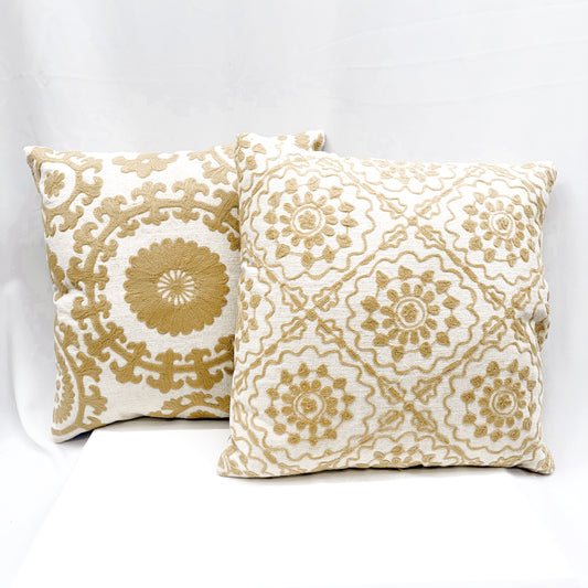 ‘SUZANI SUNBURST’ & ‘SUZANI MOSAIC’ EMBROIDERY COTTON CUSHION IN ‘SAND’ 45x45cm