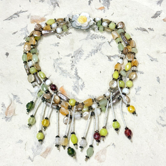 PEARL, CITRINE, SMOKY QUARTZ 3 STRANDS BEADS NECKLACE
