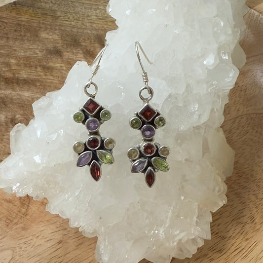 STERLING SILVER MULTI STONE EARRING -GARNET, PERIDOT, AMETHYST, CITRINE