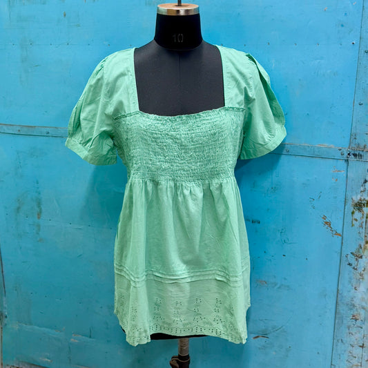 “Aquamarine” Ruched Baby Doll Short Dress 100% Cotton