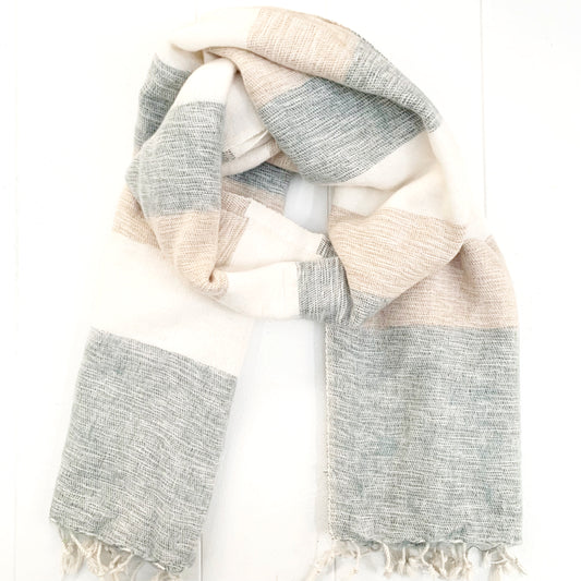 WOOL BLEND “CREAM & WHITE” STRIPED SHAWL 80x195CM