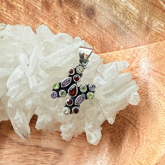 STERLING SILVER MULTI STONE PENDANT -GARNET, PERIDOT, AMETHYST, CITRINE