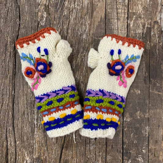 100% WOOL LINED HAND KNITTED GLOVES W EMBROIDERY