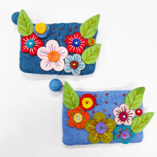 HANDMADE FELT FLORAL PURSE (SKY) 15X11CM