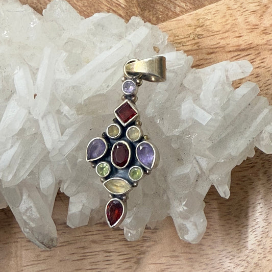 STERLING SILVER MULTI STONE PENDANT -GARNET, PERIDOT, AMETHYST, CITRINE