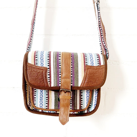 Cross Shoulder Handmade Leather & Cotton Bag 23x21cm