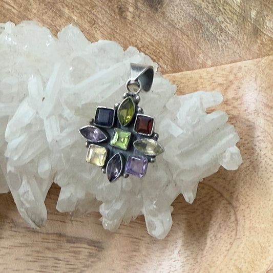 STERLING SILVER MULTI STONE PENDANT -GARNET, PERIDOT, AMETHYST, CITRINE,IOLITE
