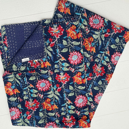 100% COTTON HAND STITCHED FLORAL THROW 150x220CM