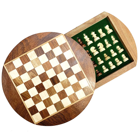 WOODEN ROUND CHESS BOX 23CM