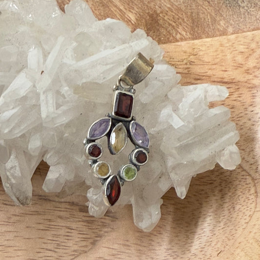 STERLING SILVER MULTI STONE PENDANT -GARNET, PERIDOT, AMETHYST, CITRINE