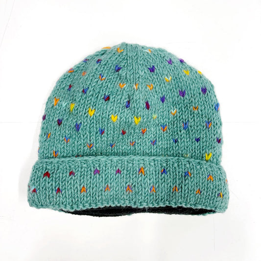 100% WOOL HAND KNITTED FLEECE LINED BEANY MINI HEARTS