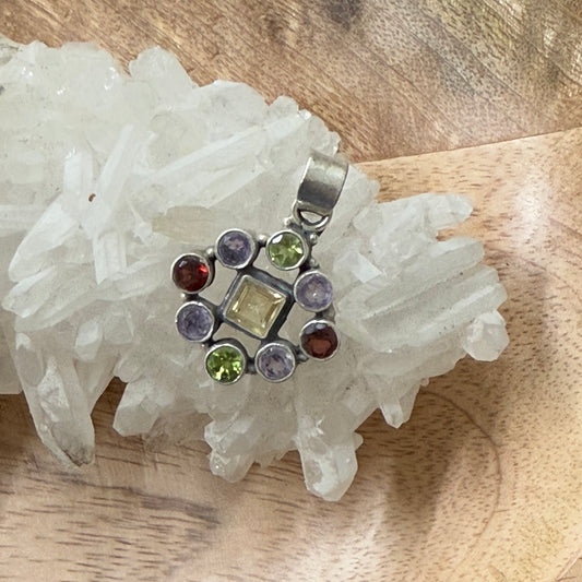 STERLING SILVER MULTI STONE PENDANT -GARNET, PERIDOT, AMETHYST, CITRINE