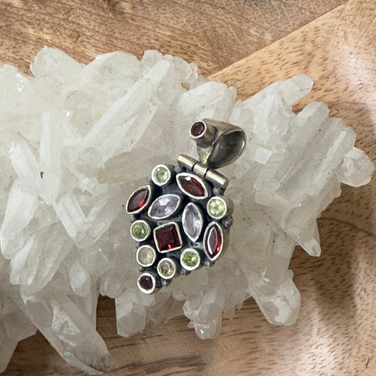 STERLING SILVER MULTI STONE PENDANT -GARNET, PERIDOT, AMETHYST, CITRINE