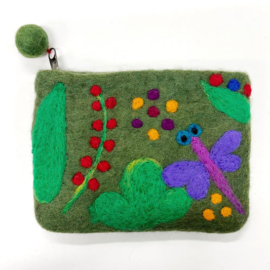 HANDMADE FELT DRAGONFLY PURSE (MOSS GREEN) 15X11CM