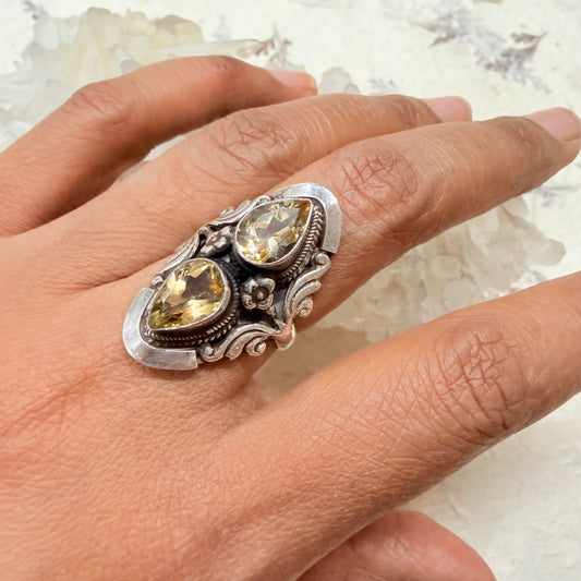 STERLING 2 CITRINE STONE SILVER RING