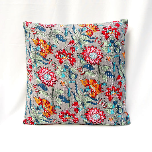“WILDFLOWER” PRINT KANTHA-HAND STITCHED CUSHION 45X45CM WITH INSERT