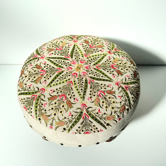 FLORAL EMB. COTTON UPHOLSTERY WOODEN SEAT 40CM